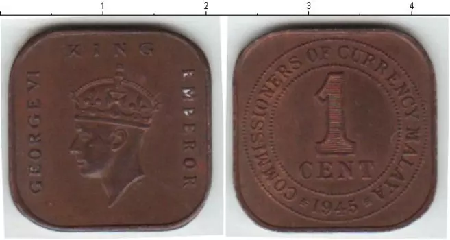 Монета цент Малайи 1945 года Медь Георг VI