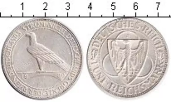 Монета 5 марок Веймарской республики 1930 года Серебро Освобождение Рейнланда