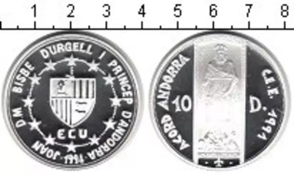 Монета 10 динерс Андорры 1994 года Серебро
