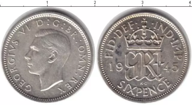 Монета 6 пенсов Англии 1945 года Серебро Георг VI