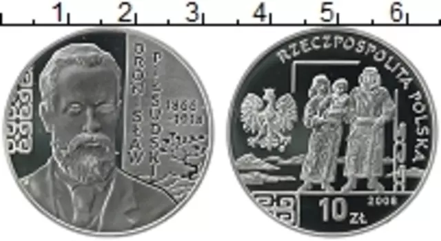 Монета 10 злотых Польши 2008 года Серебро Бронислав Пилсуцкий
