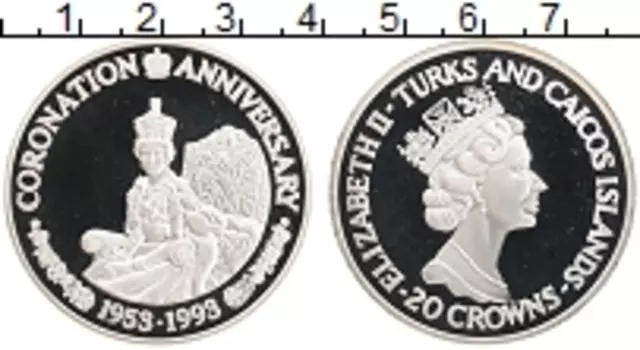 Монета 20 крон Теркc и Кайкоса 1993 года Серебро 40 лет коронации
