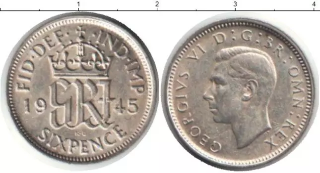 Монета 6 пенсов Англии 1945 года Серебро Георг VI