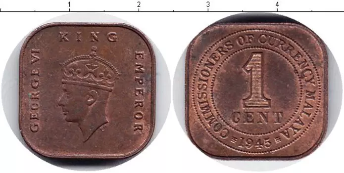 Монета цент Малайи 1945 года Медь Георг VI
