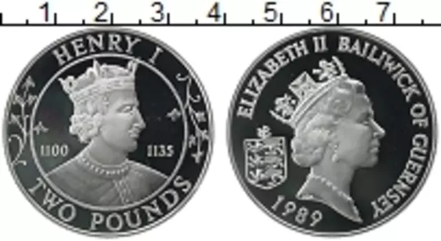 Монета 2 фунта Гернси 1989 года Серебро Генри I
