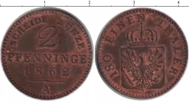 Монета 2 пфеннига Пруссии 1862 года Медь А