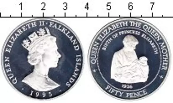 Монета 50 пенсов Фолклендских островов 1995 года Серебро Королева-Мать