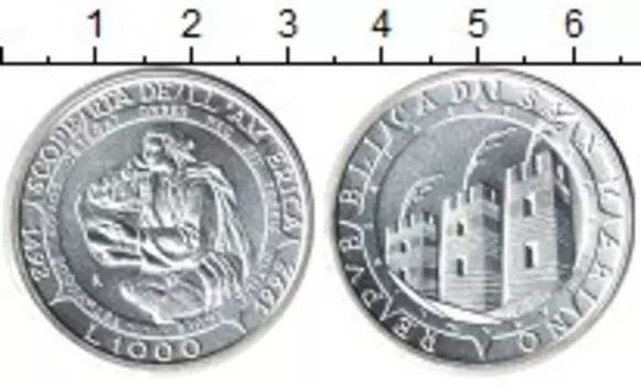 Монета 1000 лир Сан-Марино 1992 года Алюминий Колумб