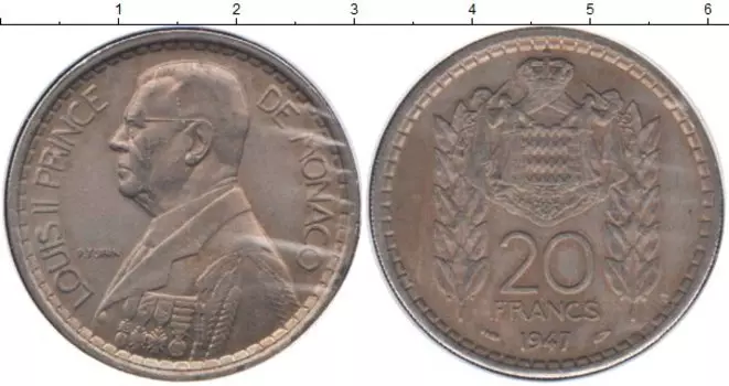Монета 20 франков Монако 1947 года Медно-никель Принц Луи II