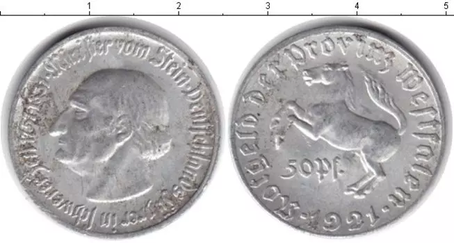 Монета 50 пфеннигов Вестфалии 1921 года Алюминий Конь
