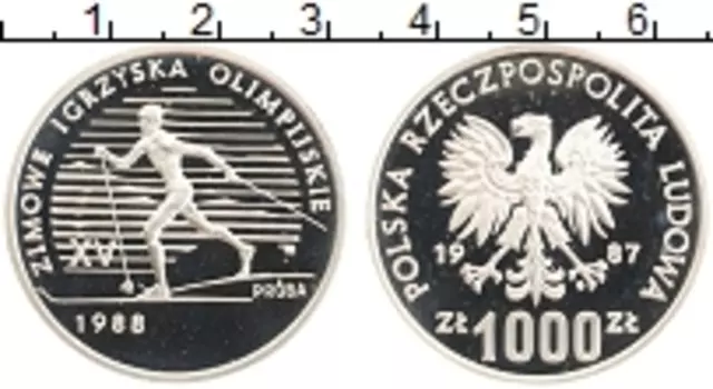 Монета 1000 злотых Польши 1987 года Серебро Зимние Олимпийские игры 1988