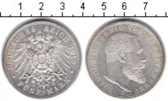 Монета 5 марок Вюртемберга 1913 года Серебро Вильгельм II