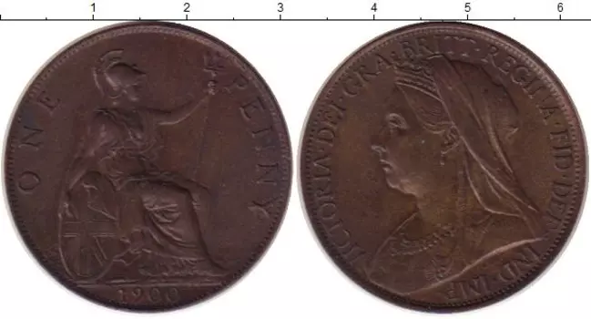 Монета пенни Англии 1900 года Бронза Виктория