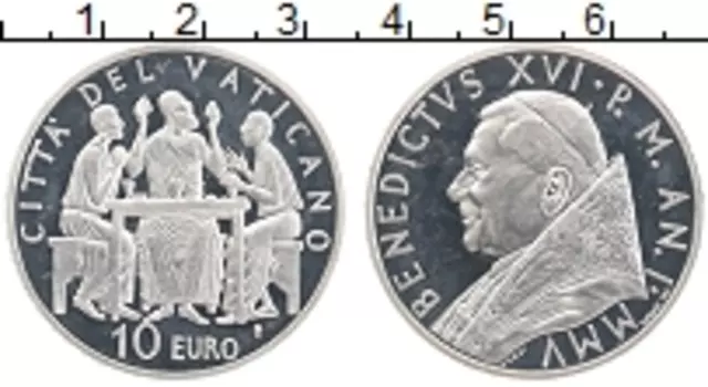 Монета 10 евро Ватикана 2005 года Серебро Бенедикт XVI