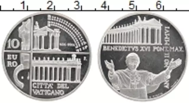Монета 10 евро Ватикана 2006 года Посеребрение Папа Бенедикт XVI