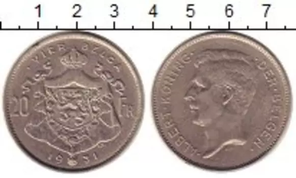 Монета 20 франков Бельгии 1931 года Никель Альберт
