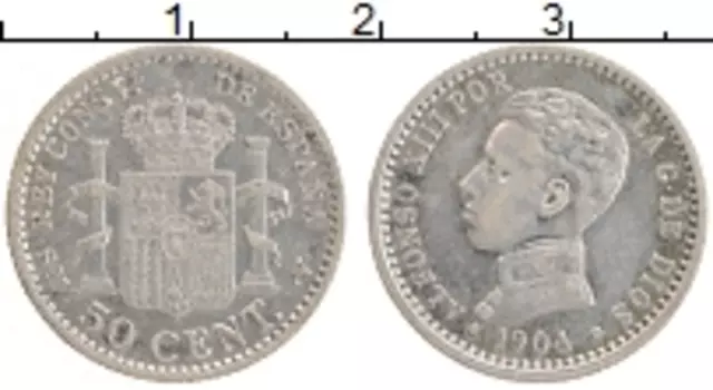 Монета 50 сентим Испании 1904 года Серебро Альфонсо XIII