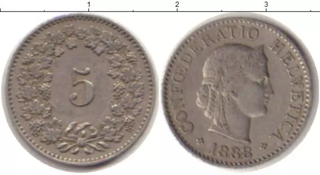 Монета 5 рапп Швейцарии 1888 года Медно-никель