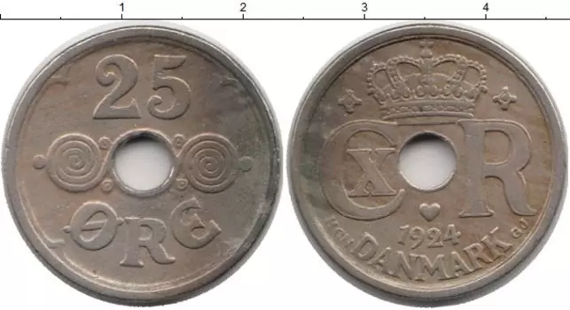 Монета 25 эре Дании 1924 года Медно-никель Кристиан X