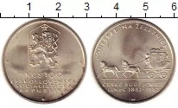 Монета 100 крон Чехословакии 1982 года Серебро 150 лет конной железной дороге