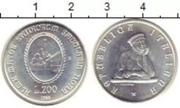 Монета 200 лир Италии 1988 года Серебро 900 лет Университета Болоньи