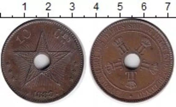 Монета 10 сантим Бельгийского Конго 1888 года Медь Леопольд II