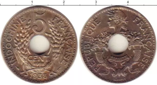 Монета 5 центов Индокитая 1938 года Медно-никель Протекторат Франции