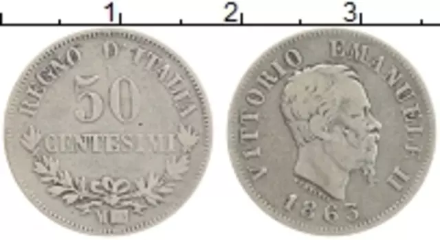 Монета 50 сентесим Италии 1863 года Серебро Витторио Имануил II