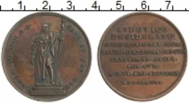 Медаль Франции 1817 года Медь хвалебная надпись в честь Людовика XVIII - статуя Людовика XVIII с жезлом