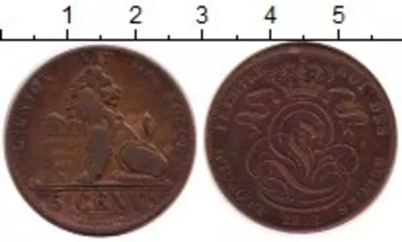 Монета 5 сантим Бельгии 1848 года Медь Леопольд