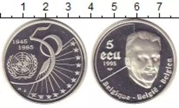 Монета 5 экю Бельгии 1995 года Серебро 50 лет ООН