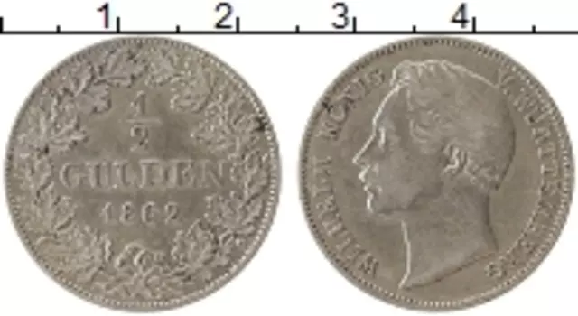 Монета 1/2 гульдена Вюртемберга 1862 года Серебро Вильгельм
