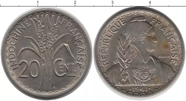 Монета 20 центов Индокитая 1941 года Медно-никель