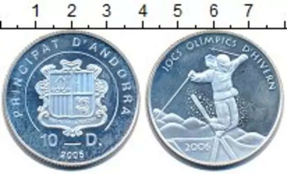 Монета 10 динерс Андорры 2005 года Серебро олимпиада в Турине 2006г