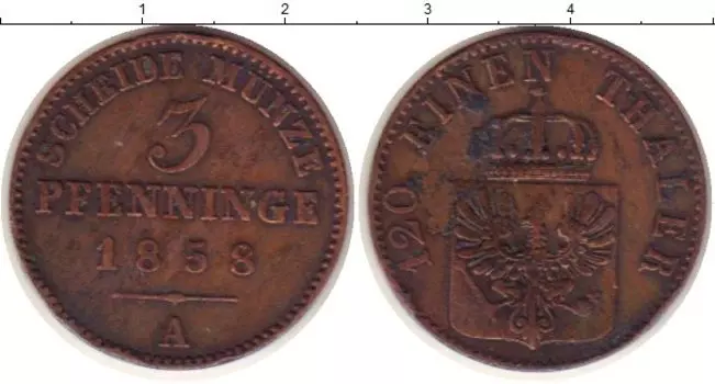 Монета 3 пфеннига Пруссии 1858 года Медь А