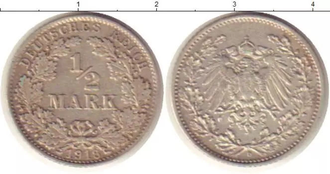 Монета 1/2 марки Германии 1916 года Серебро D