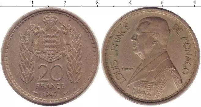 Монета 20 франков Монако 1947 года Медно-никель Принц Монако Луи II