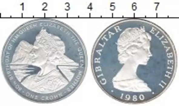 Монета крона Гибралтара 1980 года Серебро Королева-мать на фоне скалы - Елизавета II