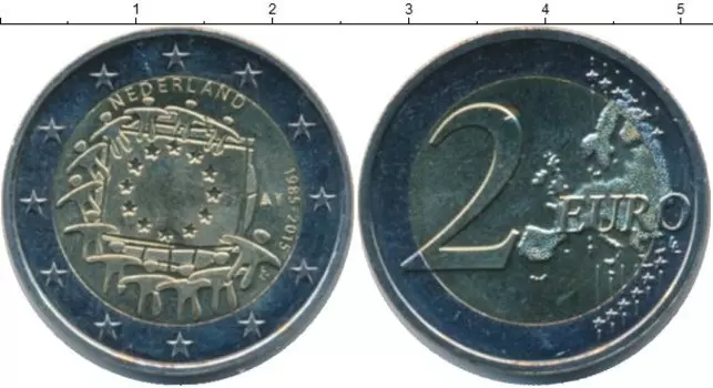 Монета 2 евро Нидерланд 2015 года Биметалл 30 лет флагу Европы
