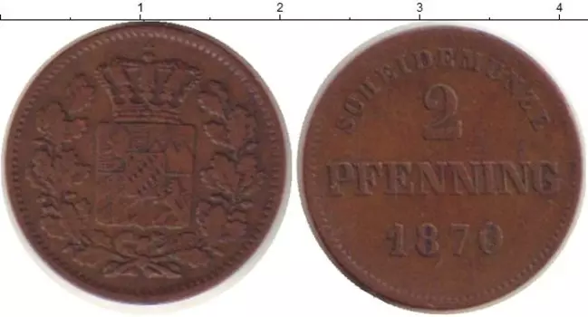 Монета 2 пфеннига Баварии 1870 года Медь