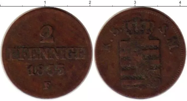 Монета 2 пфеннига Саксонии 1855 года Медь Иоганн