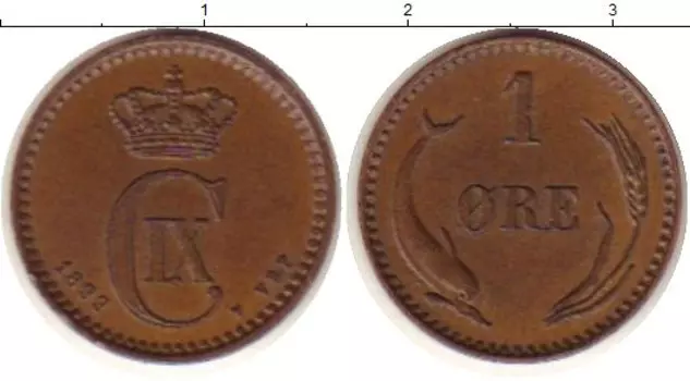 Монета эре Дании 1893 года Медь Кристиан IX