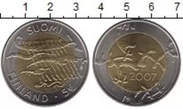 Монета 5 евро Финляндии 2007 года Биметалл Декларация независимости