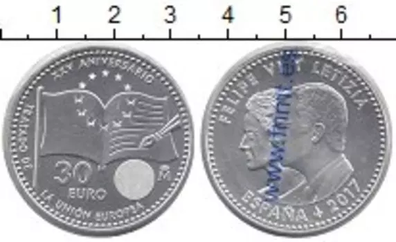 Монета 30 евро Испании 2017 года Серебро 25 лет объединения Европы