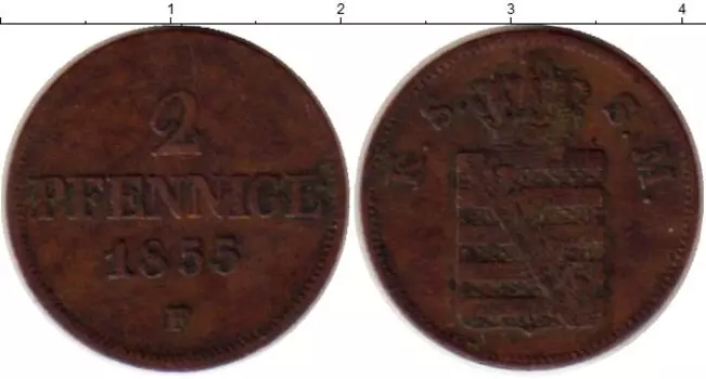 Монета 2 пфеннига Саксонии 1855 года Медь Иоганн