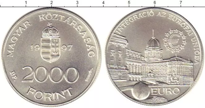 Монета 2000 форинтов Венгрии 1997 года Серебро Интеграция в ЕС и зону евро