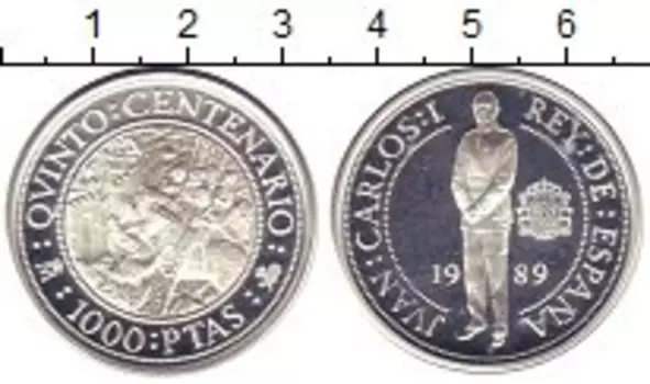 Монета 1000 песет Испании 1989 года Серебро Открытия Америки