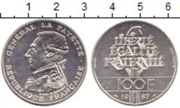 Монета 100 франков Франции 1987 года Серебро Генерал Ла Файетт