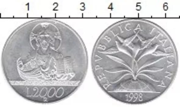 Монета 2000 лир Италии 1998 года Серебро 2000 лет Христианства