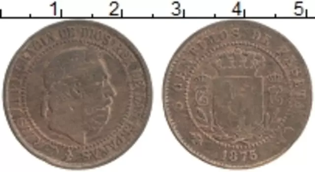 Монета 5 сентим Испании 1875 года Медь Карл VII (предендент на трон)